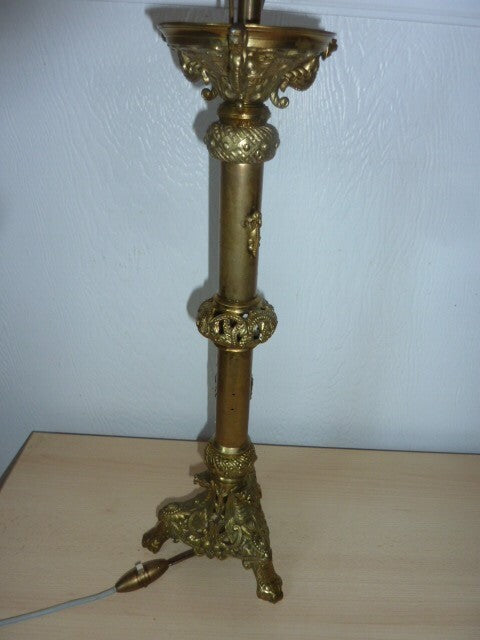 ancien pied de lampe colonne tripode bronze / laiton  XIX
