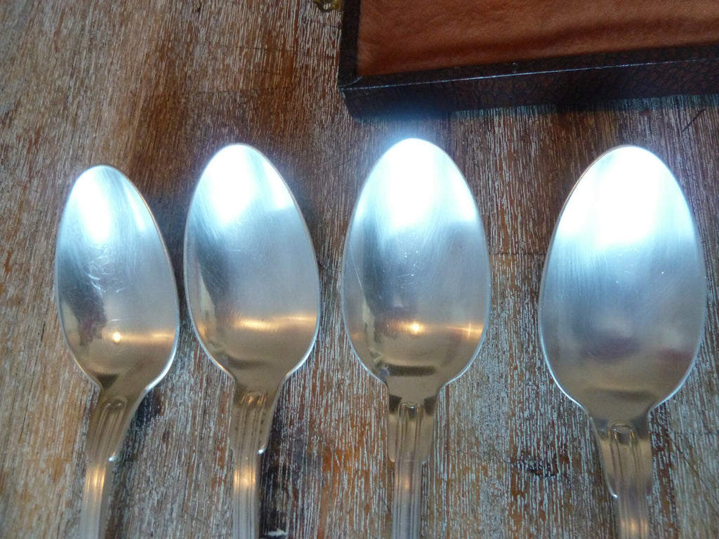 ancien coffret six cuillères à soupe & 6 fourchettes métal alliage blanc argent
