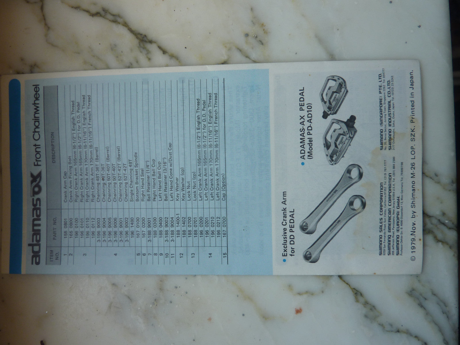 instruction selecta ANCIEN SHIMANO ADAMAS AX-T VINTAGE CRANKSET Manual