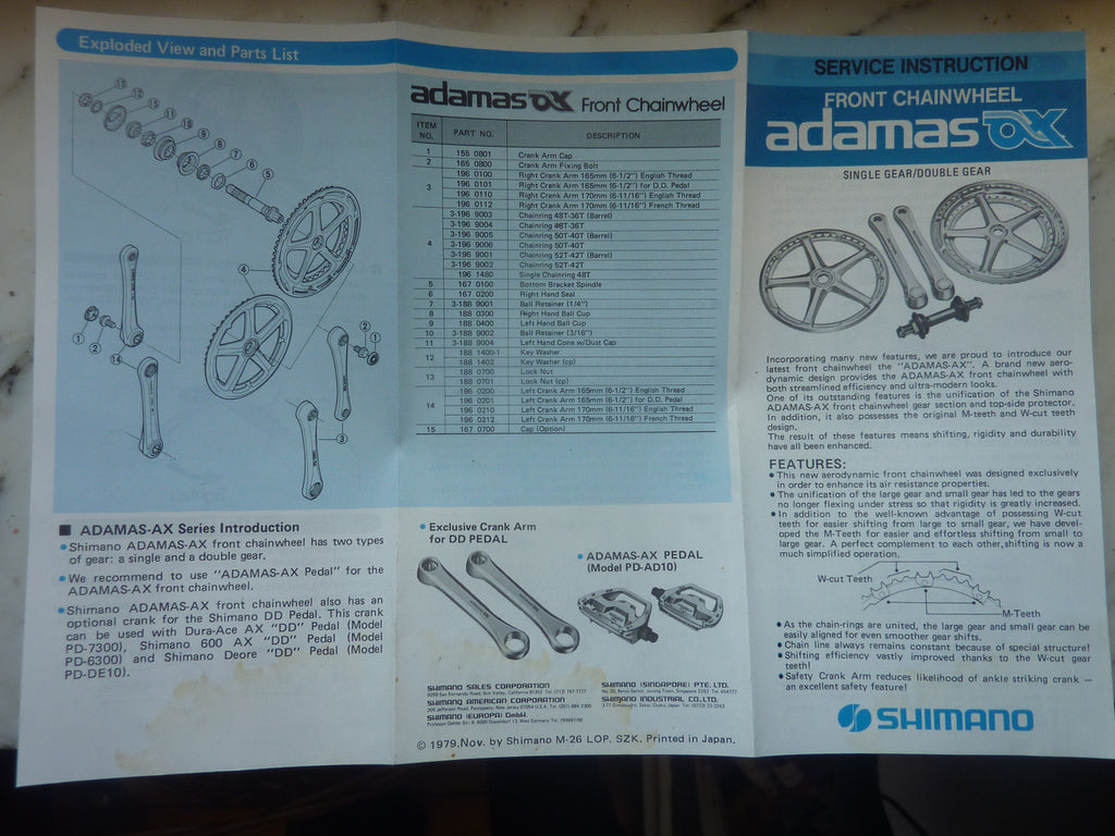 instruction selecta ANCIEN SHIMANO ADAMAS AX-T VINTAGE CRANKSET Manual