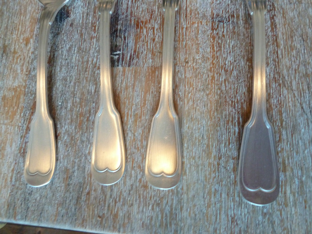 ancien coffret six cuillères à soupe & 6 fourchettes métal alliage blanc argent
