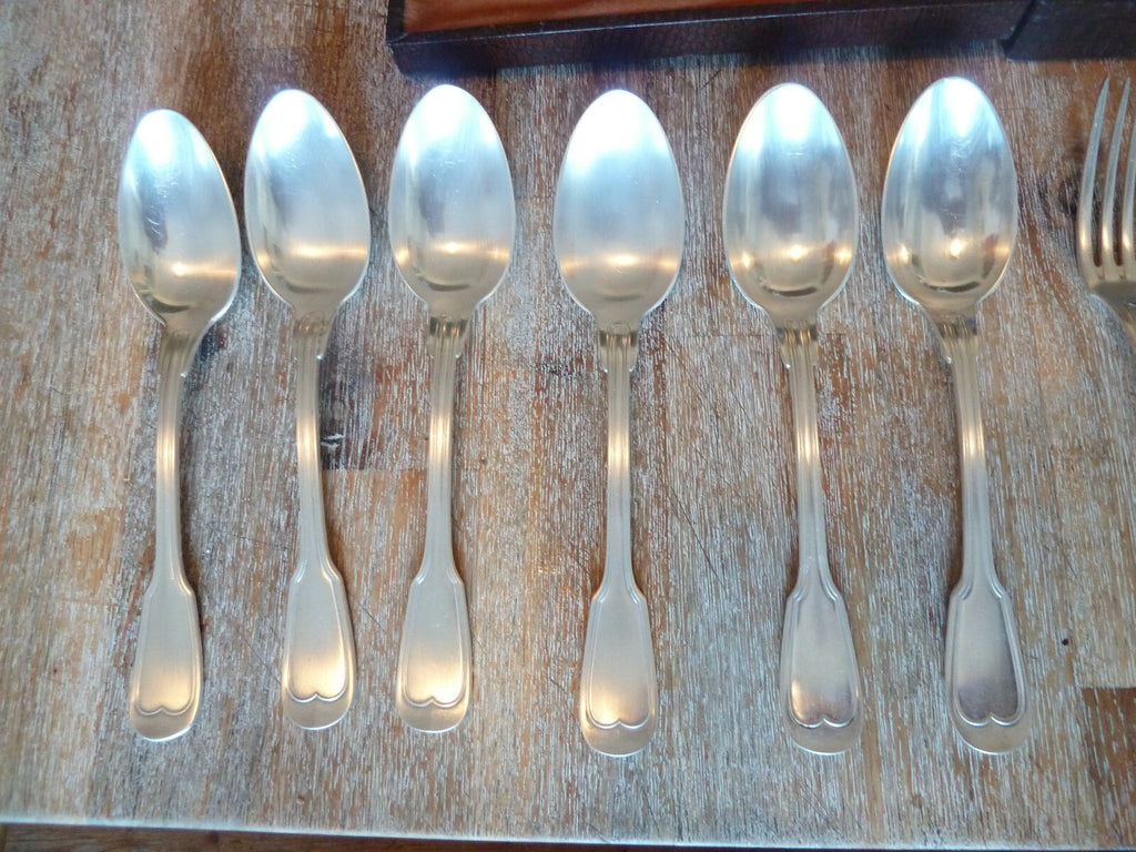 ancien coffret six cuillères à soupe & 6 fourchettes métal alliage blanc argent