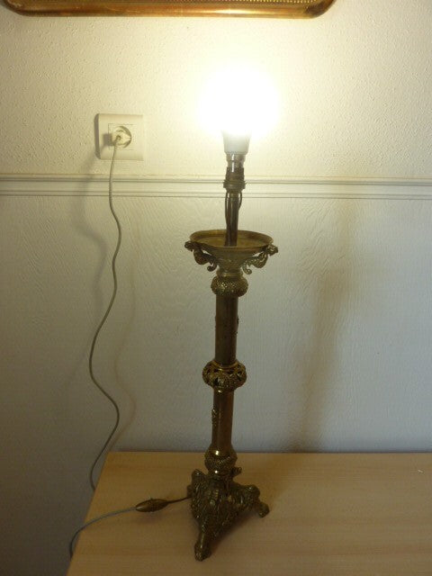 ancien pied de lampe colonne tripode bronze / laiton  XIX