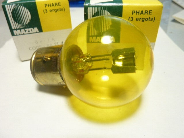 NOS 2 ampoules MAZDA éclairage vintage  6V - 1A code - BA 21 d jaune Bulb 6W