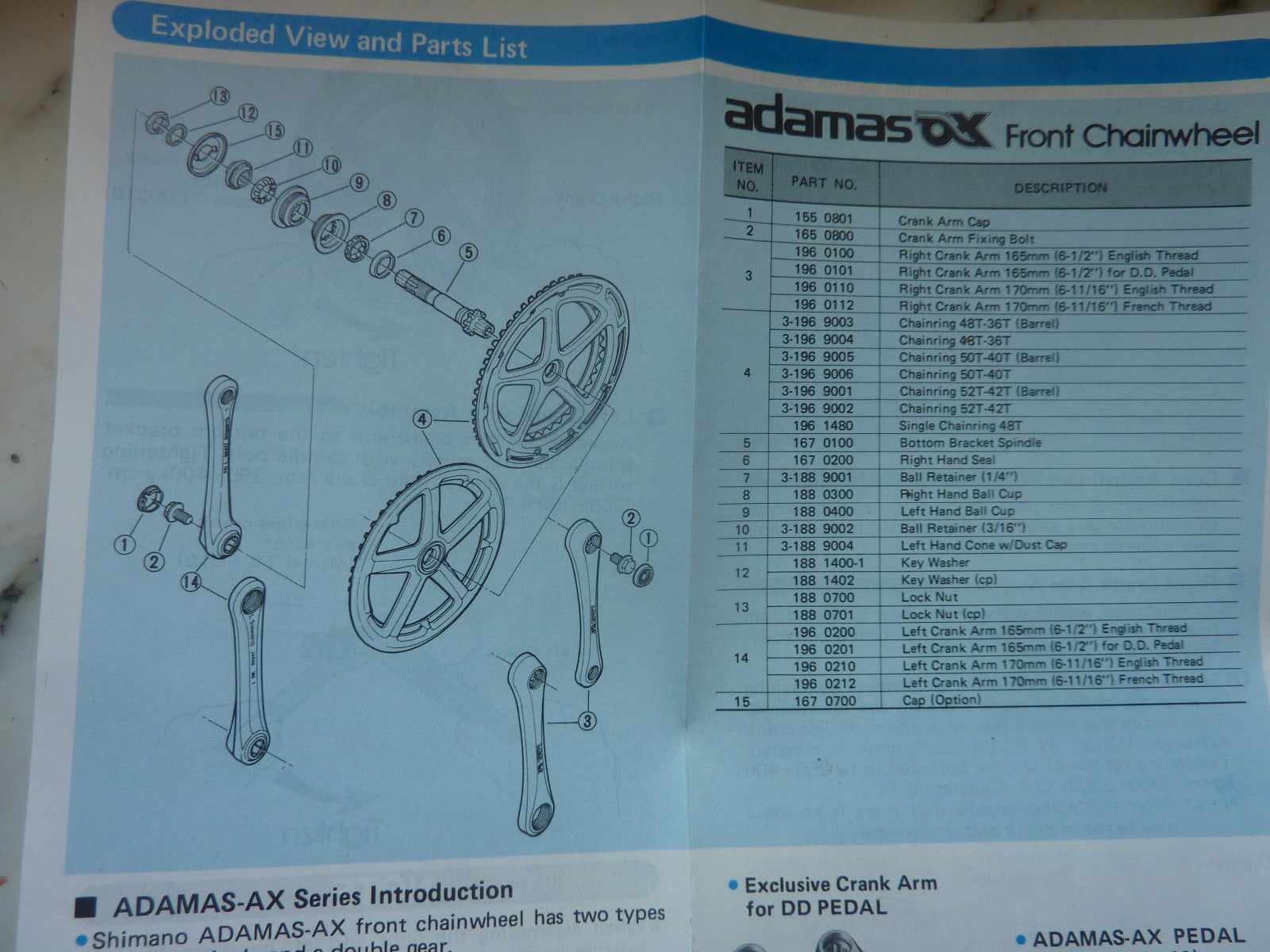 instruction selecta ANCIEN SHIMANO ADAMAS AX-T VINTAGE CRANKSET Manual