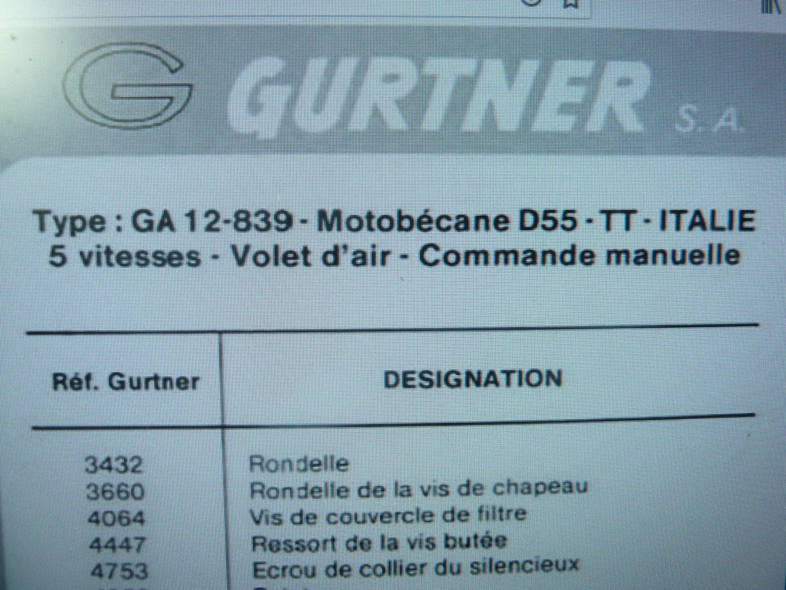 1 vis colier complete gurtner 7739 GA12-839 motobecane D55-TT Italie 5 Vitesses
